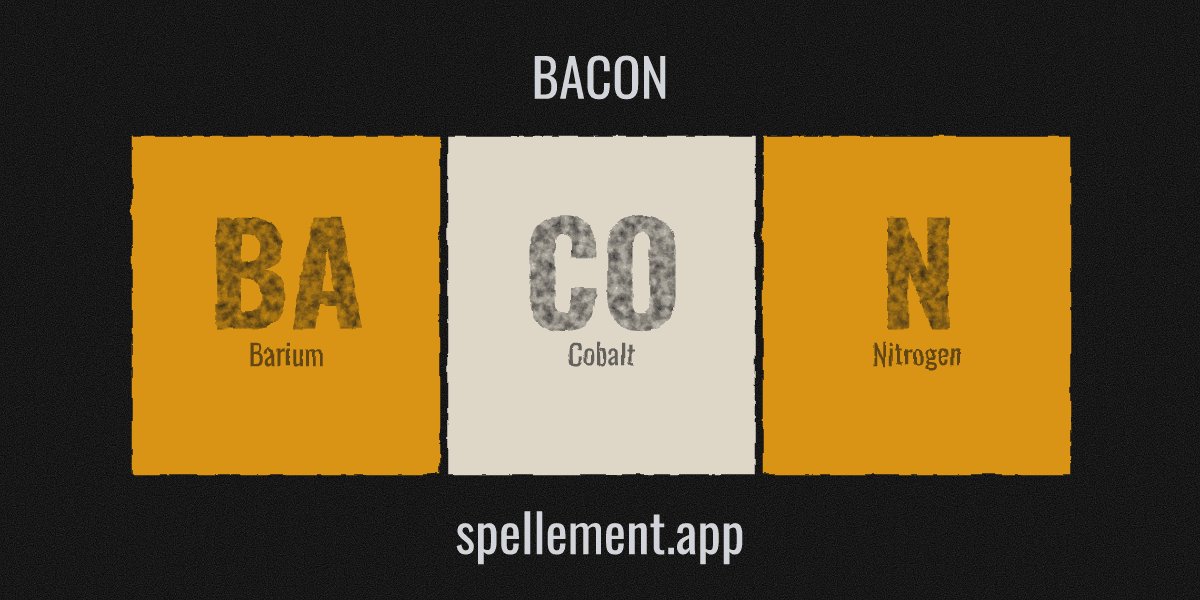 BACON spelled with periodic table element symbols Ba-Co-N, grunge style — made with the Spellement element speller
